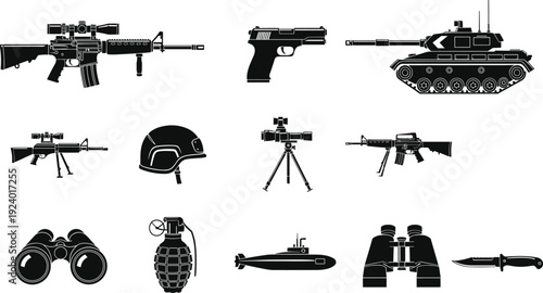 military equipment silhouettes vector illustration, weapons gear artwork, assault rifle handgun tank design, tactical defense concept, black white combat artwork set