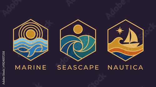 An eye-catching logo set that includes three unique icons representing different aspects of marine life, perfect for water sports, travel, or sustainability brands.