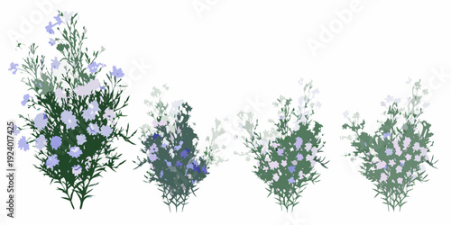 Four arrangements of blossoming flax flowers in varying densities