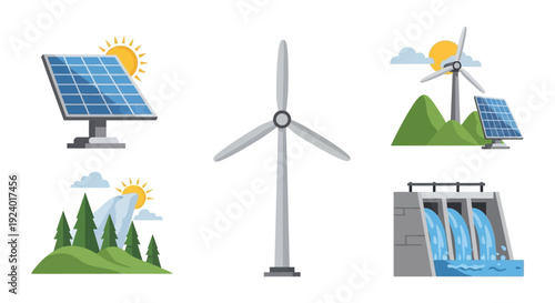 Renewable Energy Sources Icons - Solar, Wind, and Hydro Power for Sustainable Future
