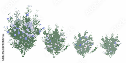 A series of floral bushes diminishing in size illustrated in soft hues