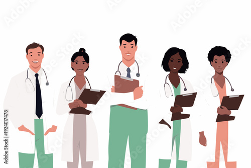 Diverse group of healthcare professionals standing in a row smiling