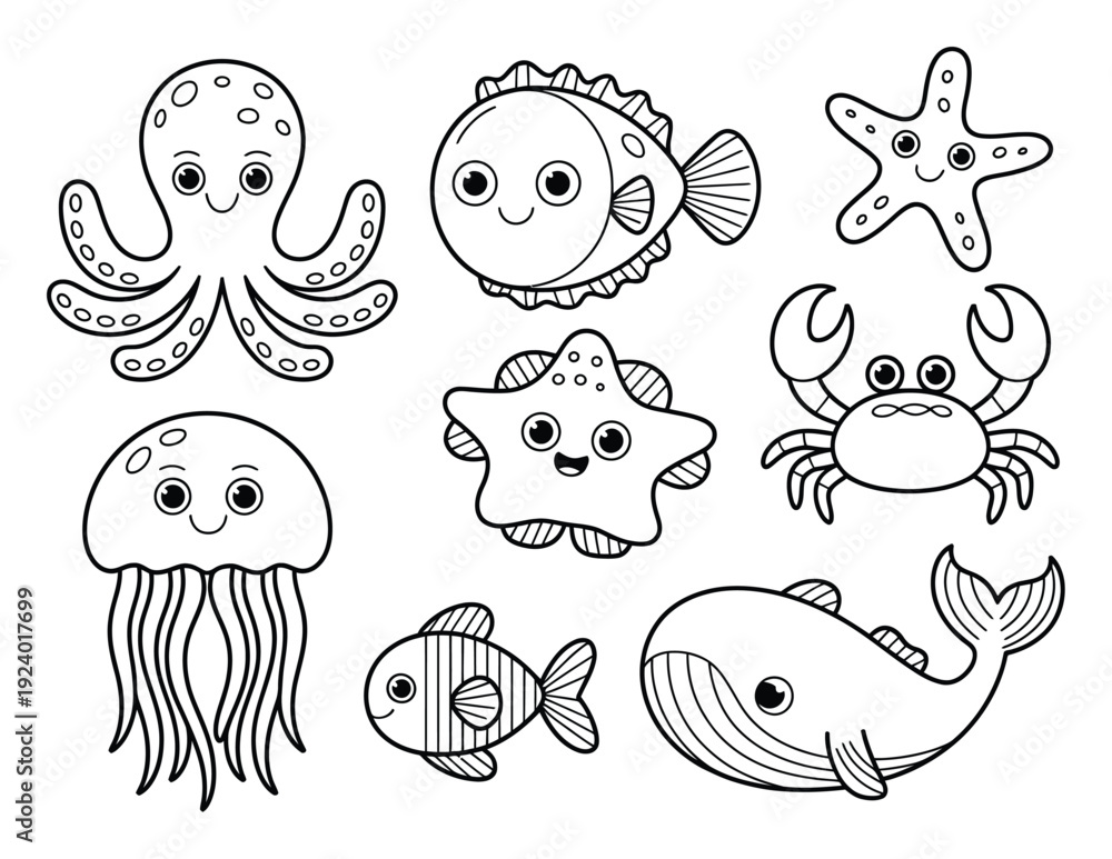 Obraz premium Cute Cartoon Ocean Animals Coloring Page for Kids