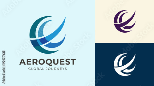 A sleek logo representing AeroQuest, combining dynamic blue and green elements to symbolize global journeys and innovative travel solutions for modern explorers.