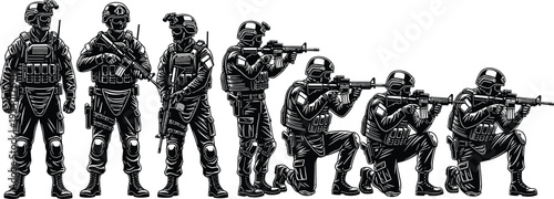 soldiers tactical movement silhouettes, military training vector illustration, armed forces combat stance progression, law enforcement readiness design, black white artwork, defense concept