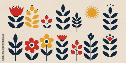 Colorful illustration of various flowers and plants in a scandinavian folk art style on a beige background