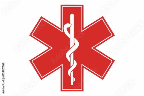 A vibrant red star of life emblem with a white caduceus symbol