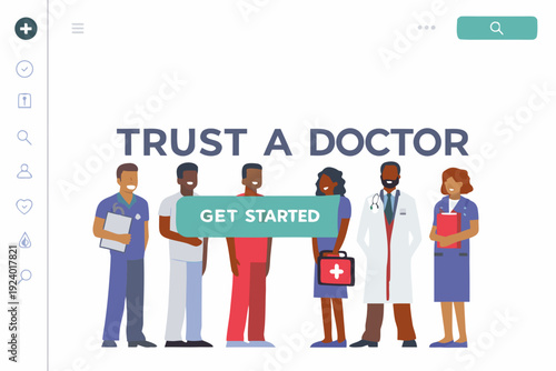 Diverse medical team and trust a doctor message promoting healthcare