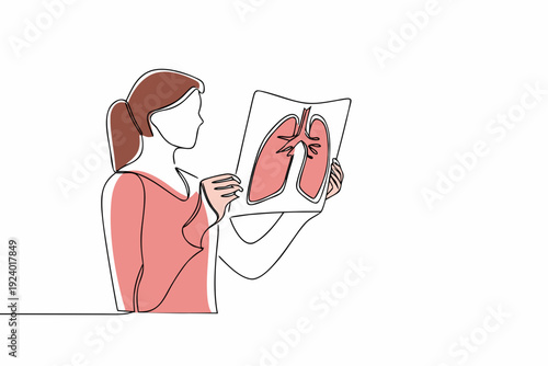 Woman examining an x ray image of human lungs in a continuous line drawing