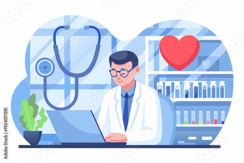 A doctor works on a laptop with medical symbols surrounding him