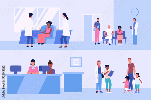 Diverse patients and healthcare professionals in a modern hospital waiting area