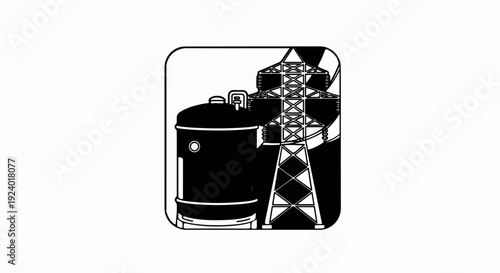 Stylized industrial graphic featuring a large cylindrical tank and a power transmission tower