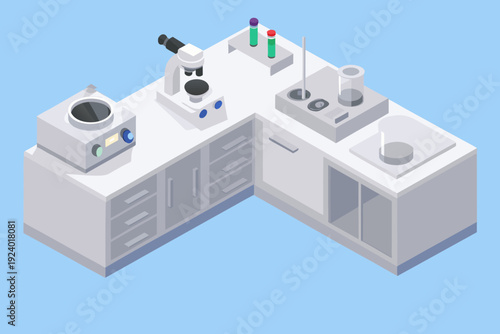 Isometric illustration of a minimalist laboratory workspace with scientific equipment