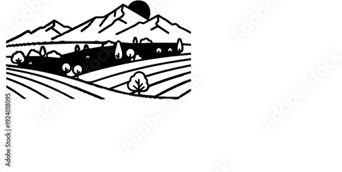 Stylized ink drawing of a sun setting behind mountains over rolling hills and fields