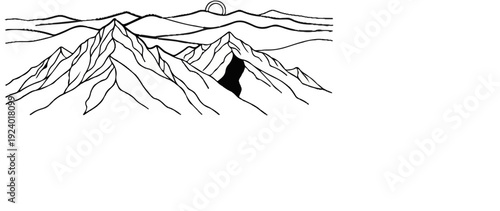 Stylized ink drawing of a mountain range with sun partially visible