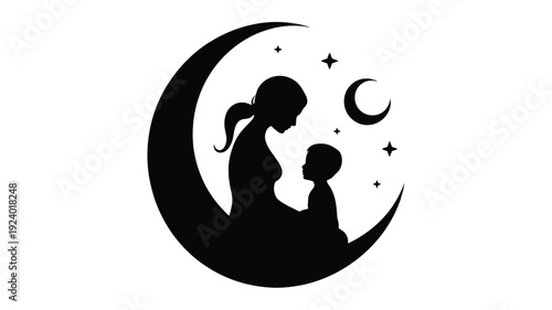 Mother and child silhouettes on crescent moon with stars and crescent moon