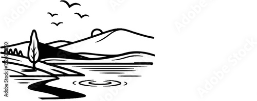 Stylized landscape with mountains, a tree, birds, and a sun on the horizon