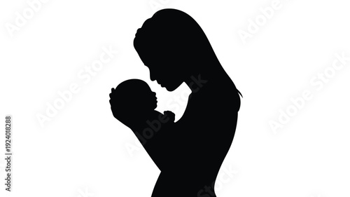 Silhouette of mother holding and kissing baby black shadow on white background love and care concept