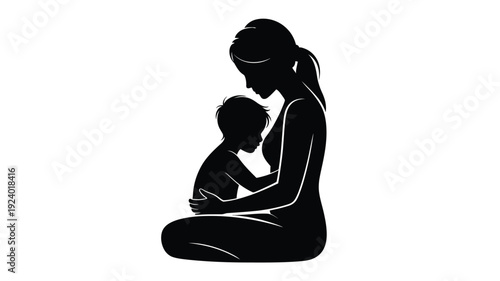 Mother breastfeeding baby sitting down silhouette black and white loving family moment nurturing care parenthood