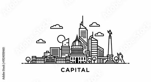 Stylized line art depiction of a city skyline with buildings and monument