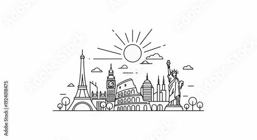 Stylized line art cityscape with iconic global landmarks under a sun