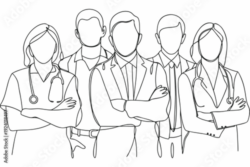 Line art illustration of a group of medical professionals standing together