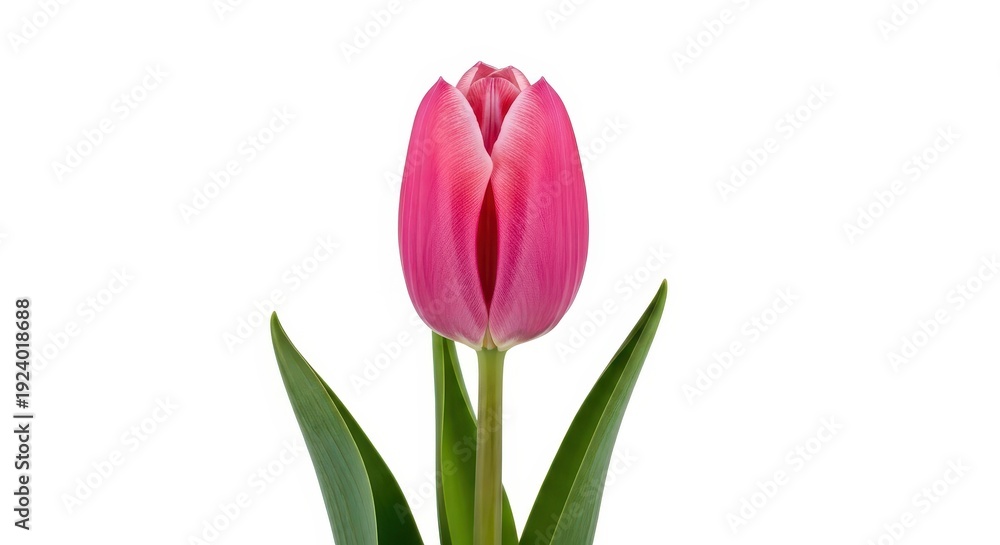 Naklejka premium Single pink tulip flower with green leaves against a white background, close-up studio shot, elegant spring bloom, symbol of love and beauty, natural detail
