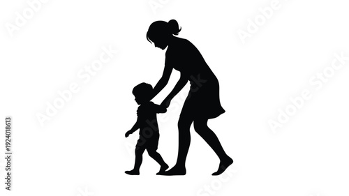 Silhouette of mother and toddler walking hand in hand in black against white background