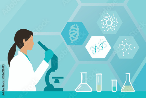 Female scientist observing microscopic data with laboratory equipment