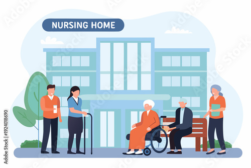 A colorful illustration depicts a nursing home with staff and residents
