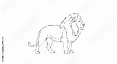 Stylized line art illustration of a majestic lion, standing in profile