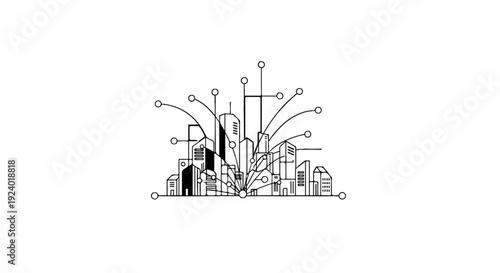 Stylized line art of a futuristic city with radiating connections