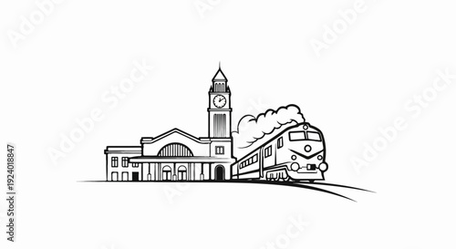 Stylized line art of a historic train station with a vintage locomotive
