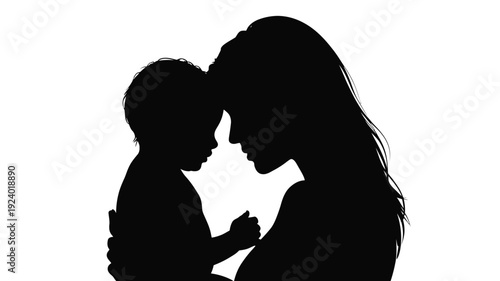 Silhouette of a mother and child touching foreheads with love and affection on a white background