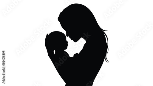 Silhouette of a mother gently kissing her baby on the forehead with love and care on a white background
