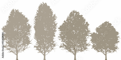 Four stylized trees with differing heights are shown in silhouette