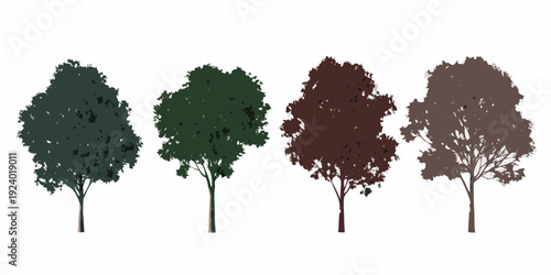 Four stylized trees in varying autumnal colors stand in a row
