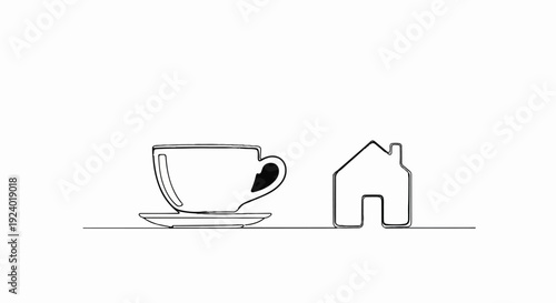 Stylized line art of a teacup and saucer next to a simple house outline