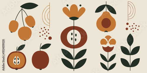 Vibrant floral pattern with abstract flowers and leaves in warm orange and brown hues on beige background