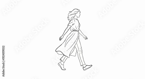 Stylized line art of a woman walking briskly, wearing a dress and pants