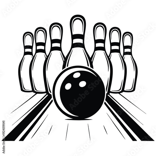 Three bowling pins stand ready behind the ball with shining stars surrounding them