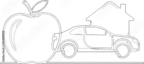 Stylized line art of an apple, car, and house connected by lines