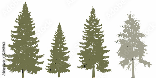 A collection of four stylized evergreen trees in varying sizes