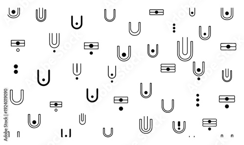 Seamless pattern with abstract hindu tilak symbols and geometric shapes in black and white