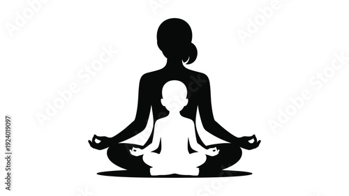 Mother and child in yoga poses meditating together in harmony and balance serene atmosphere black and white silhouette