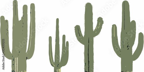 A collection of stylized saguaro cacti against a white background