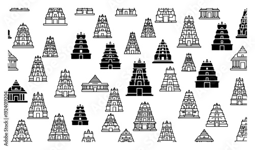 Seamless background pattern displaying traditional indian hindu temple towers and gopuram architecture