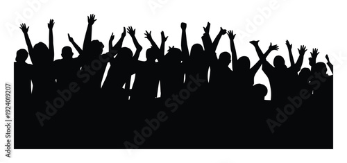 Silhouette of a cheering crowd with hands raised in excitement