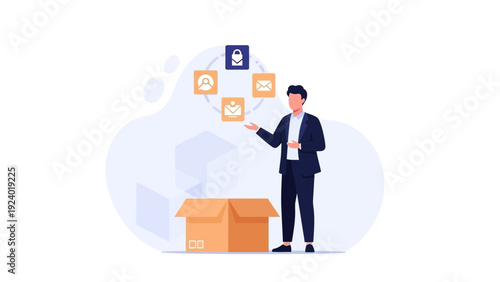 Businessman Unpacking Digital Services from Cardboard Box