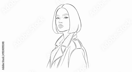 Stylized line art portrait of a woman with a bob haircut and jacket